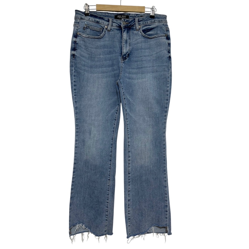 Judy Blue Cotton Blend Blue Wash Distress Raw Hem Slim Boot Jeans 16W